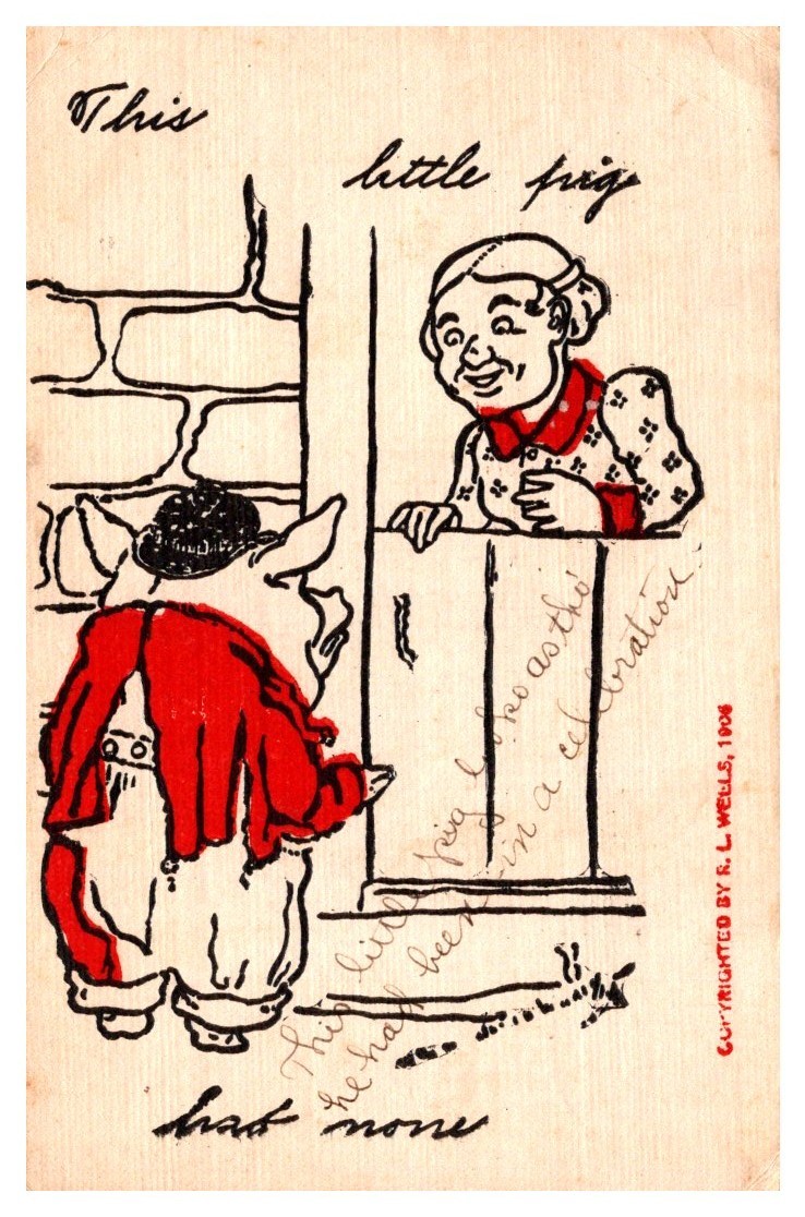 1907 Little Piggy At The Door Funny Cartoon Vintage Postcard