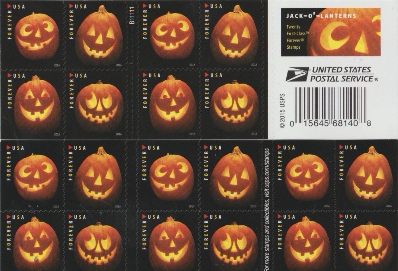 USPS Postage Stamps Sheet of 20 - Jack-O’-Lantern’s - First Class Letter