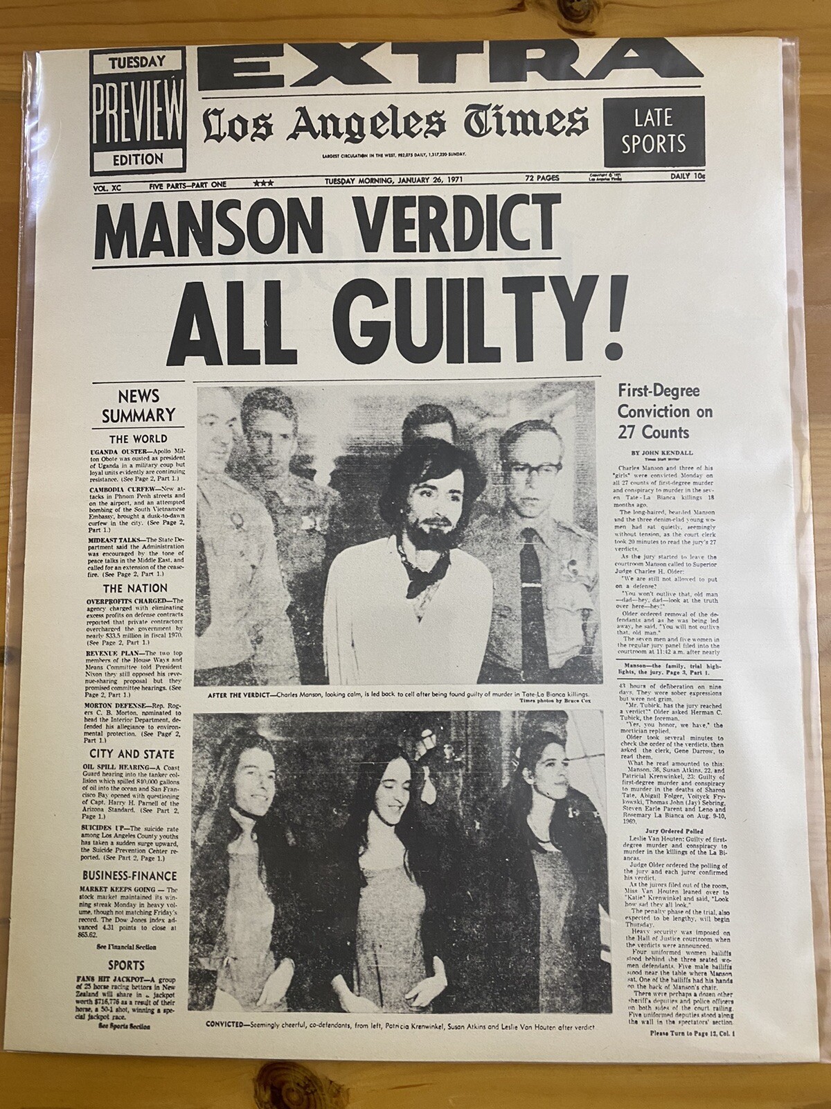 VINTAGE NEWSPAPER HEADLINE ~CULT MURDER KILLER CHARLES MANSON COURT GUILTY 1971 VINTAGE NEWSPAPER HEADLINE ~CULT MURDER KILLER CHARLES MANSON COURT GUILTY 1971