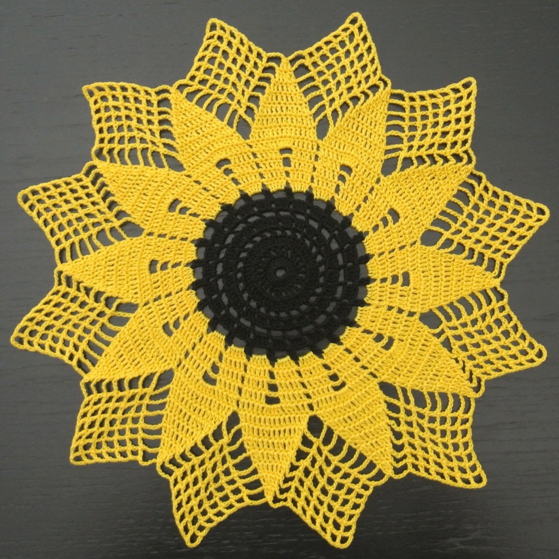 Hand Crochet Doily, 37 cm, 14.6 inch, Yellow, Black, Sunflower, ogrc, #871