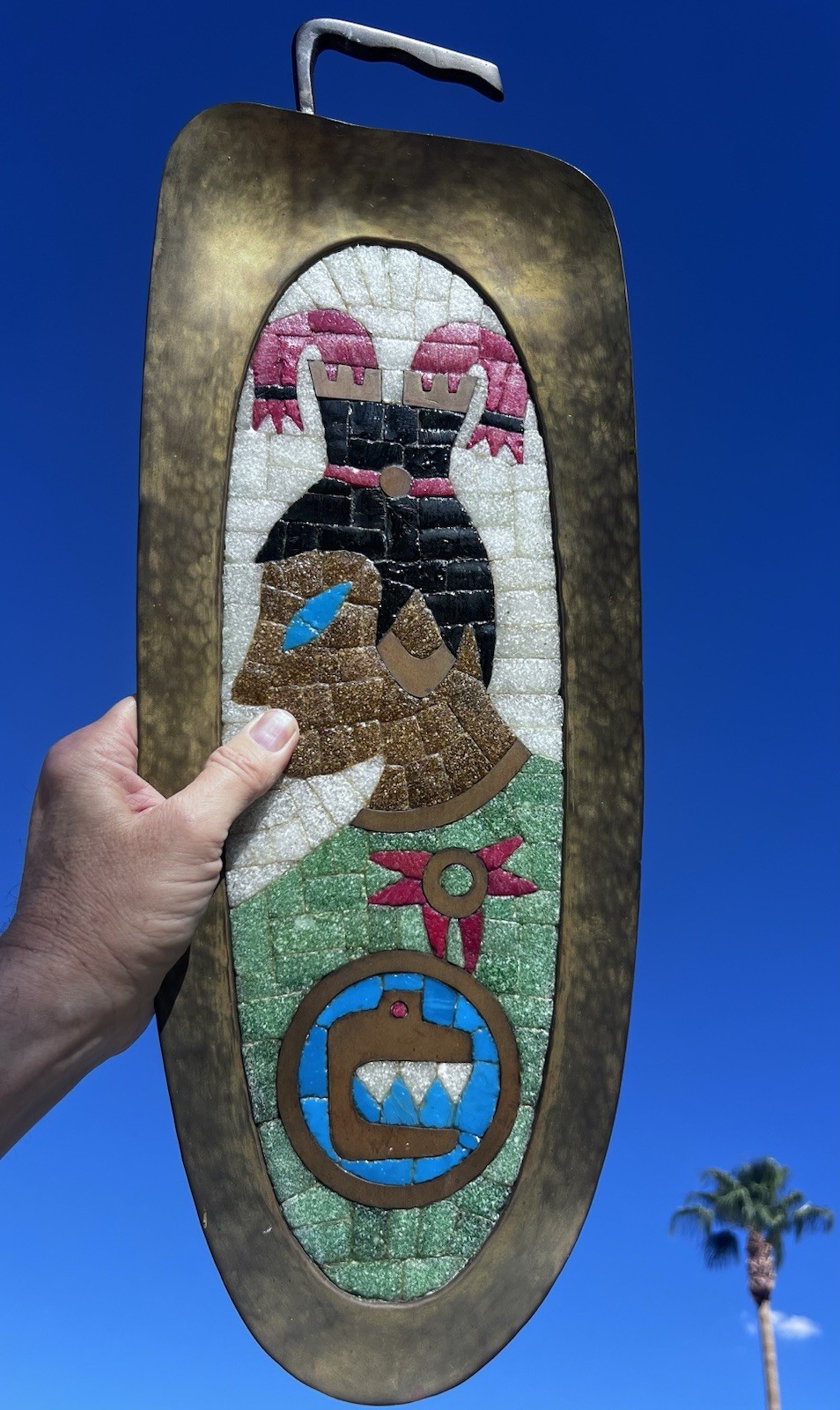 Mid 20th C. Salvador Teran Mexican Brass & Glass Mosaic Mayan Portrait Tray