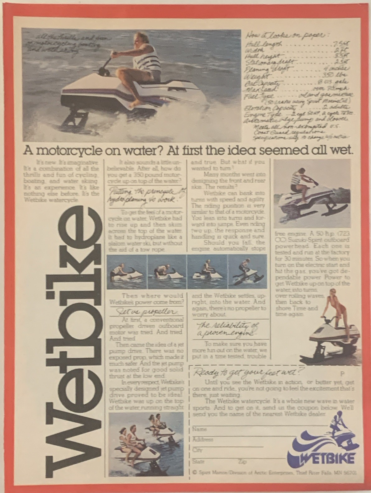 1979 Wetbike Watercycle PRINT AD Motorcycle Water Jetski VTG 1970s Spirit Marine