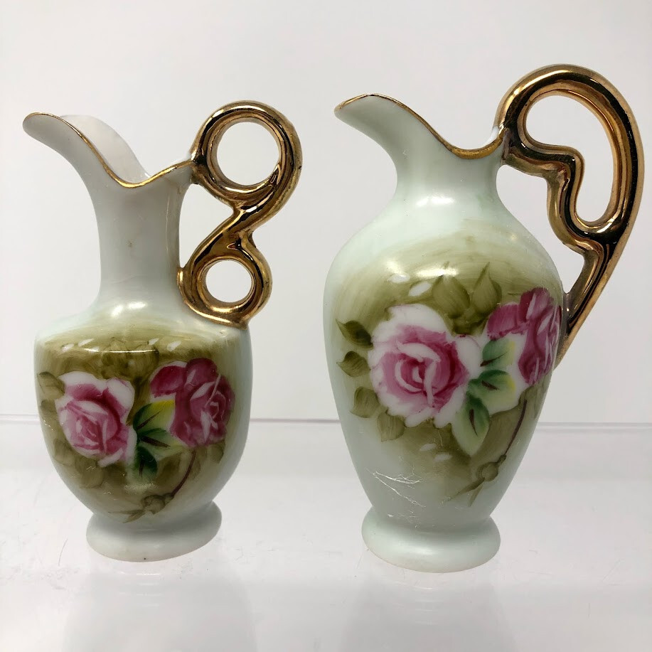 Vintage Lefton Green Heritage Floral 2 Mini Pitchers Vases Figurine