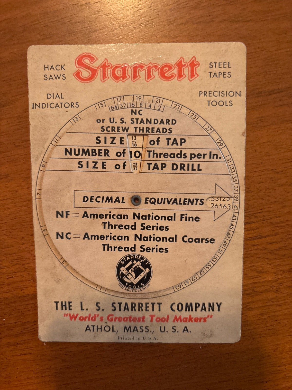 Starrett VINTAGE DIAL SCREW THREADS SIZE TAP  CALCULATOR ATHOL MASS 1943 - H2.4