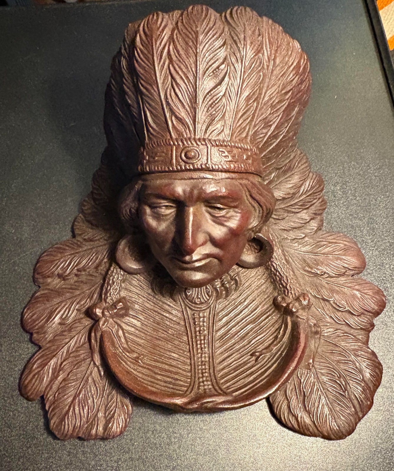 Early 20thc Judd Mfg.Native American Indian Chief in Headdress Inkwell No Insert