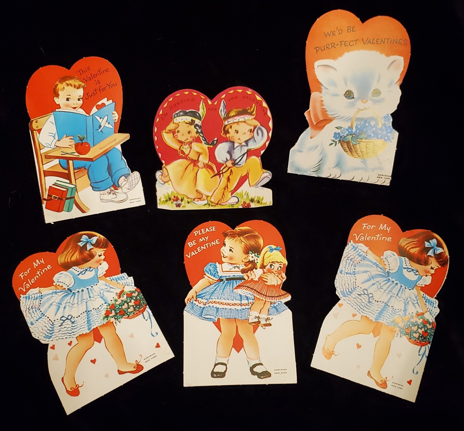 5 Vintage Valentines Cards Norcross Plus 1 Stand Up 2 Little Indians NEW 1950\'s