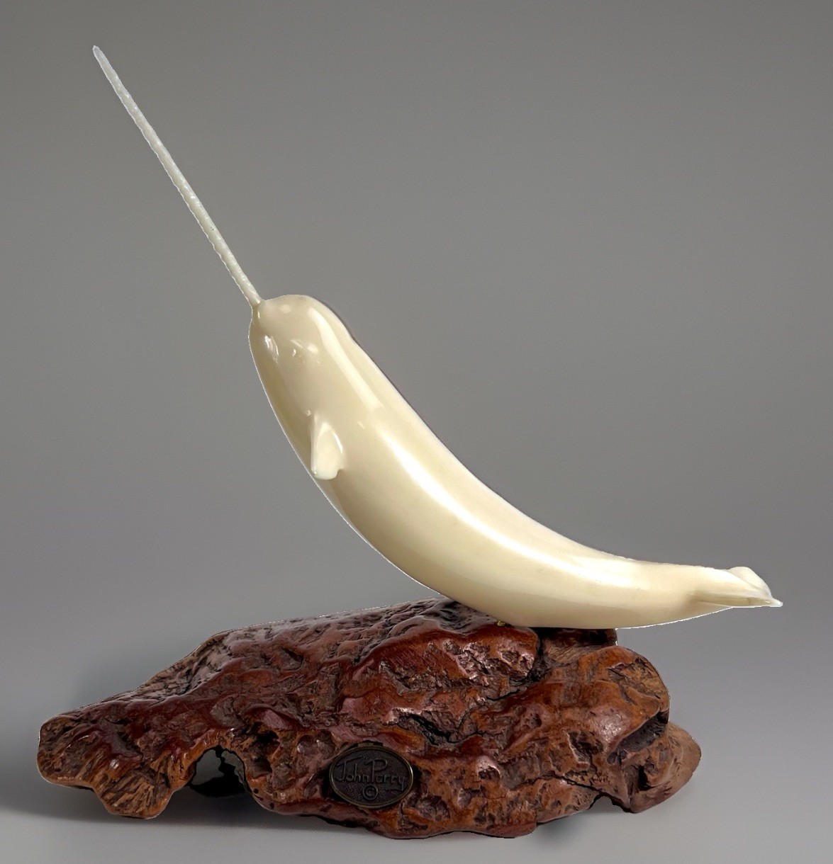 JOHN PERRY Narwal Arctic Ocean Sea life Whale Sculpture On Burlwood Base