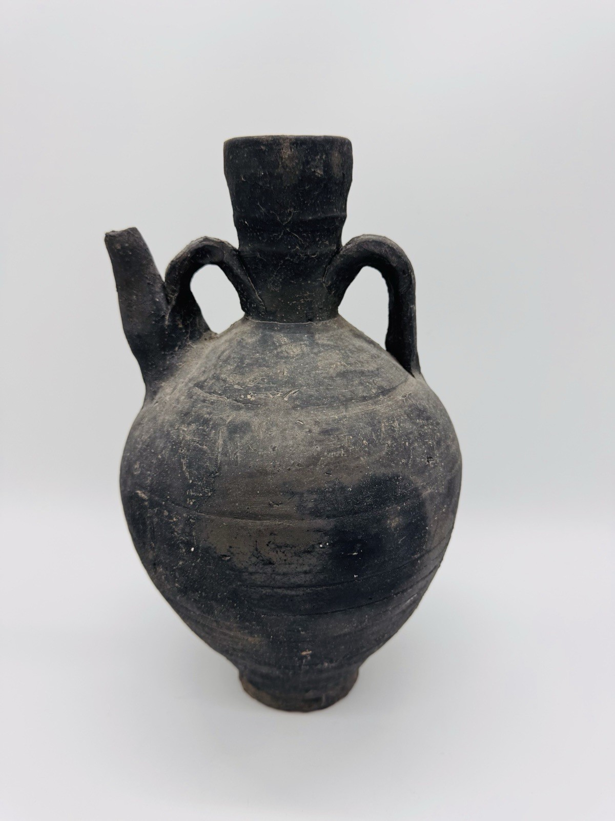 Vintage Earthenware Clay Ewer For Oil Grains Water Jug Vessel Black Rustic 12”
