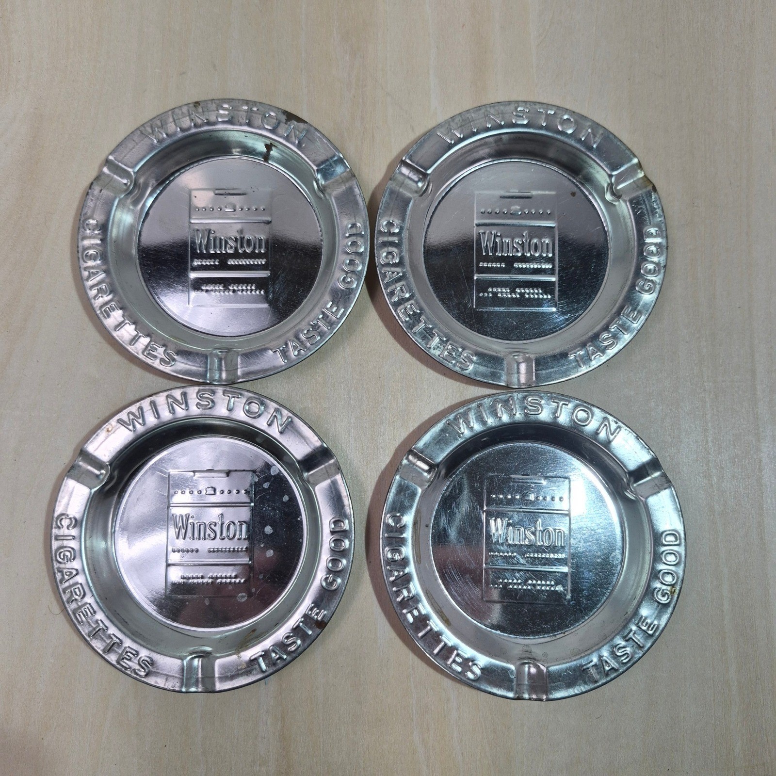 Vintage Winston Cigarettes Metal Ashtrays Set of 4 Collectible Advertising