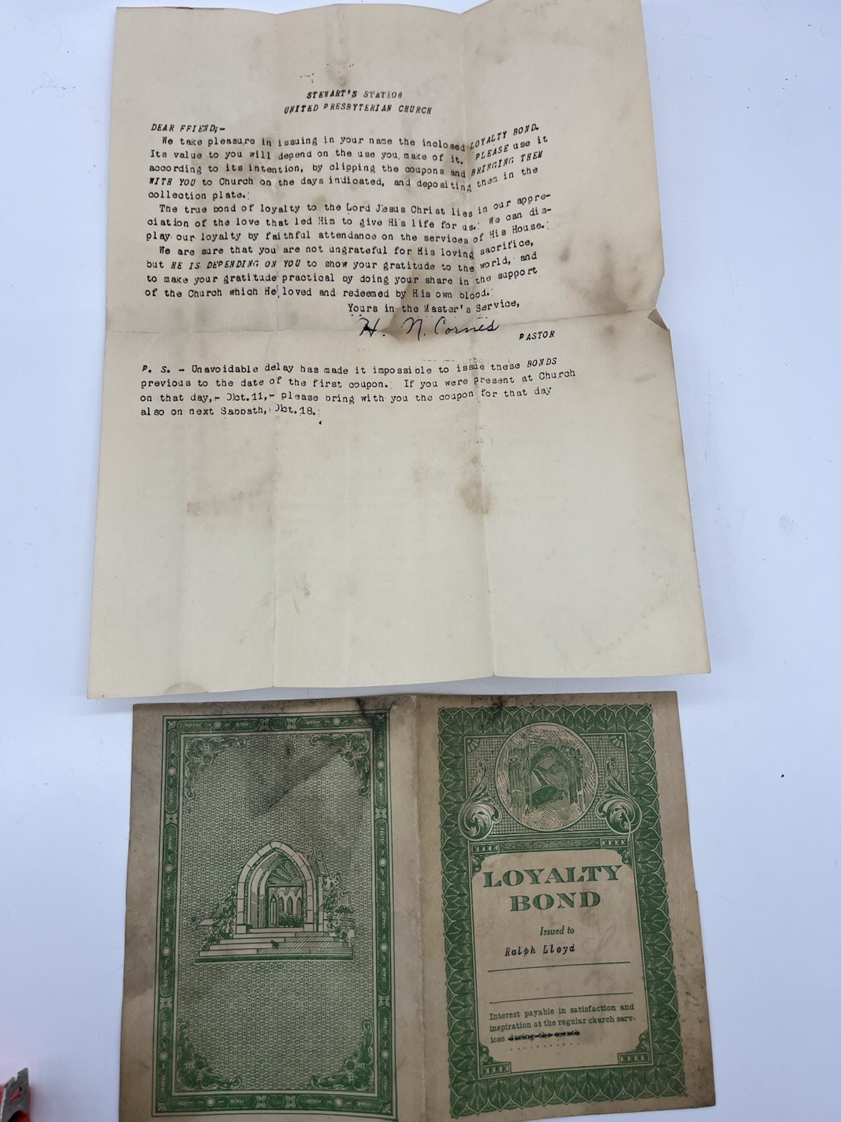 1942 Church Loyalty Bond Tithing United Presbyterian Church Letter