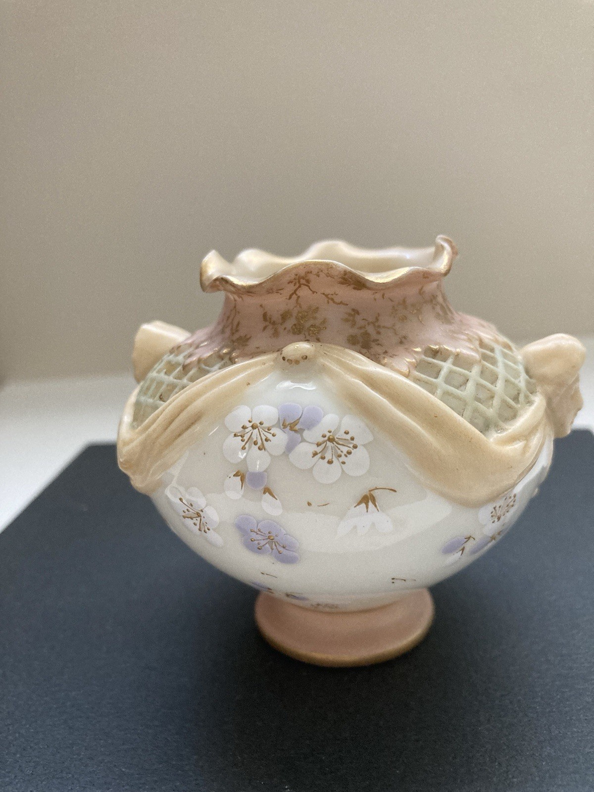 Antique Doulton Burslem latticework hand painted miniature vase. As Is. Antique Doulton Burslem latticework hand painted miniature vase. As Is.