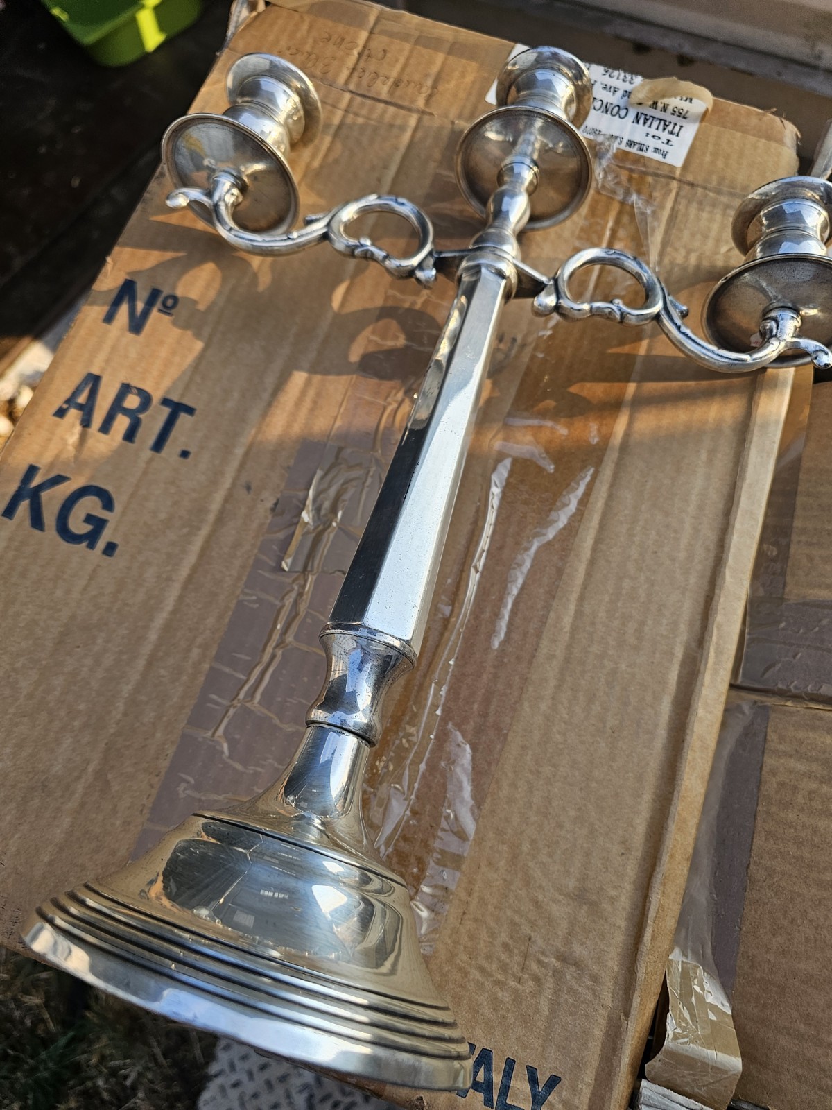 Vintage Made in Italy Ornate Brass 3 Arm Candelabra Candle Holder, Silver Color