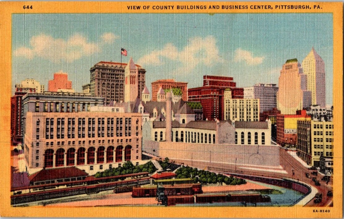 Pittsburgh PA County Buildings Business Center Skyline Linen Postcard 1930s