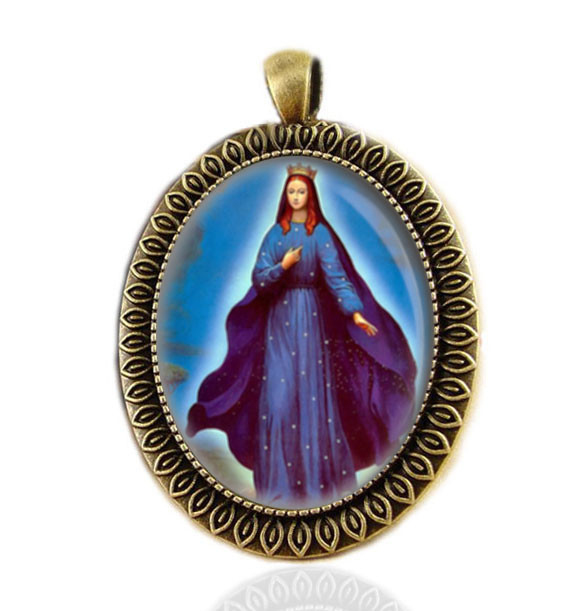Our Lady of Hope Pontmain Catholic Medal Virgin Mary Dressed Blue Robe Pendant