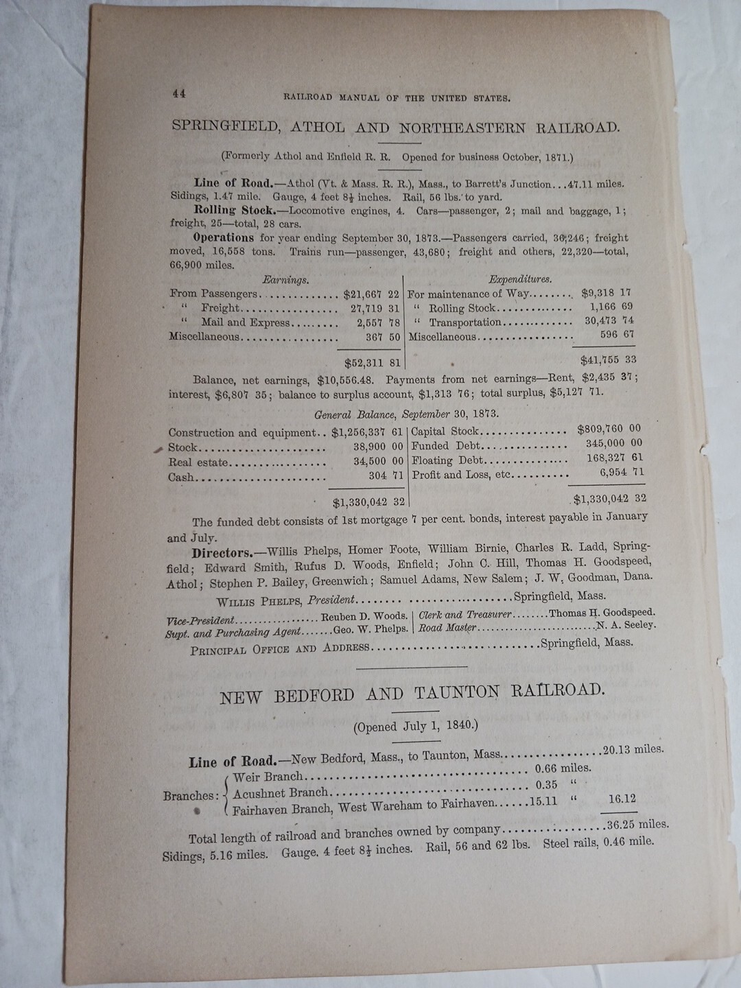 1875 Train Report SPRINGFIELD ATHOL & NORTHEASTERN RAILROAD Massachusetts 