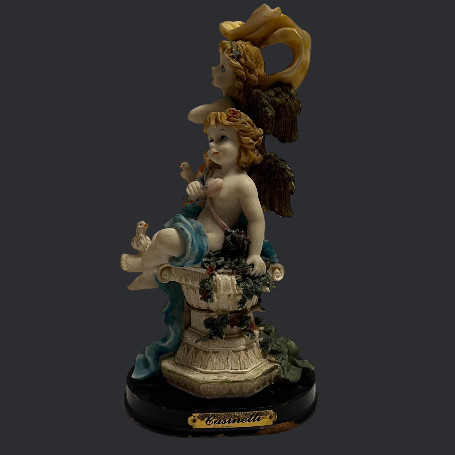 Angels Figurine Casinelli Hand Painted Resin On A Wooden Base - Vintage