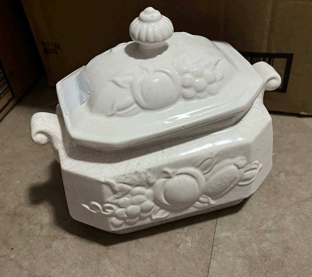 White Glazed Ceramic Octagon Tureen w/ Lid, Fruit Pattern, Side Handles White Glazed Ceramic Octagon Tureen w/ Lid, Fruit Pattern, Side Handles