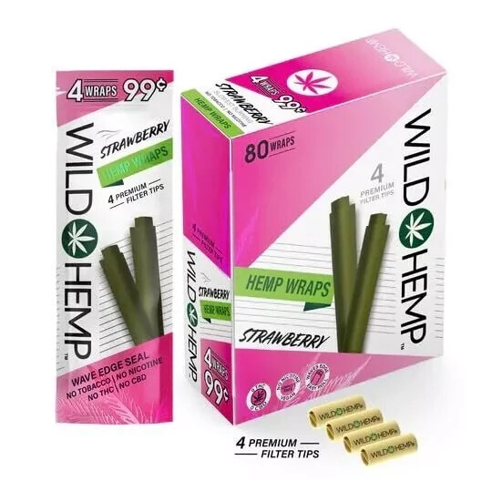 Wild H. Organic Wrap Rolling Paper Strawberry Full Box 20 Pouches / 4 per Pack