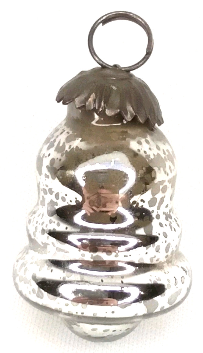 Antique 1900s Kugel Silver Glass Ribbed Bell Christmas Ornament With Brass Cap