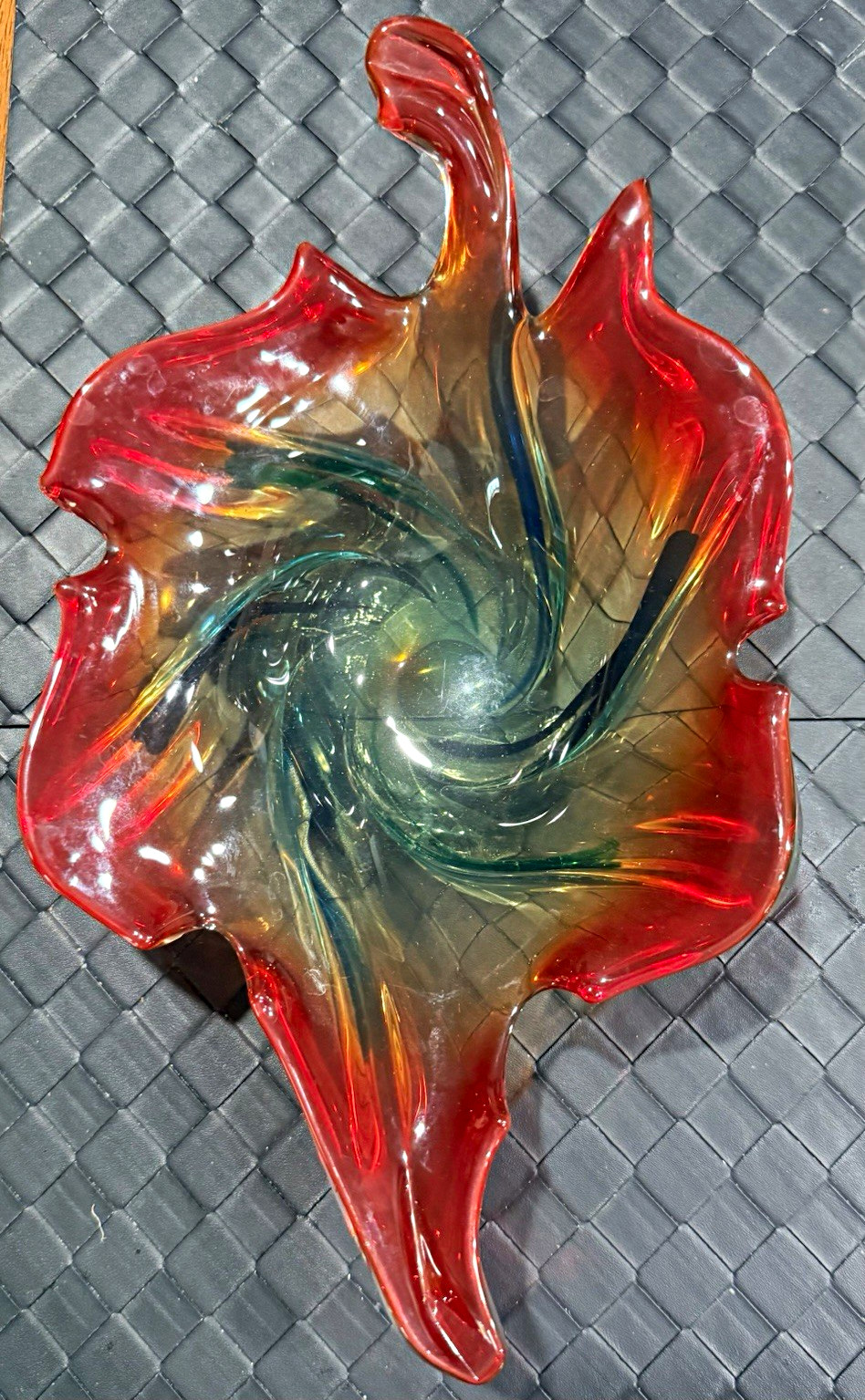 Vintage Murano Style Art Glass Centerpiece Bowl Red Orange Aqua Green Mid Centur