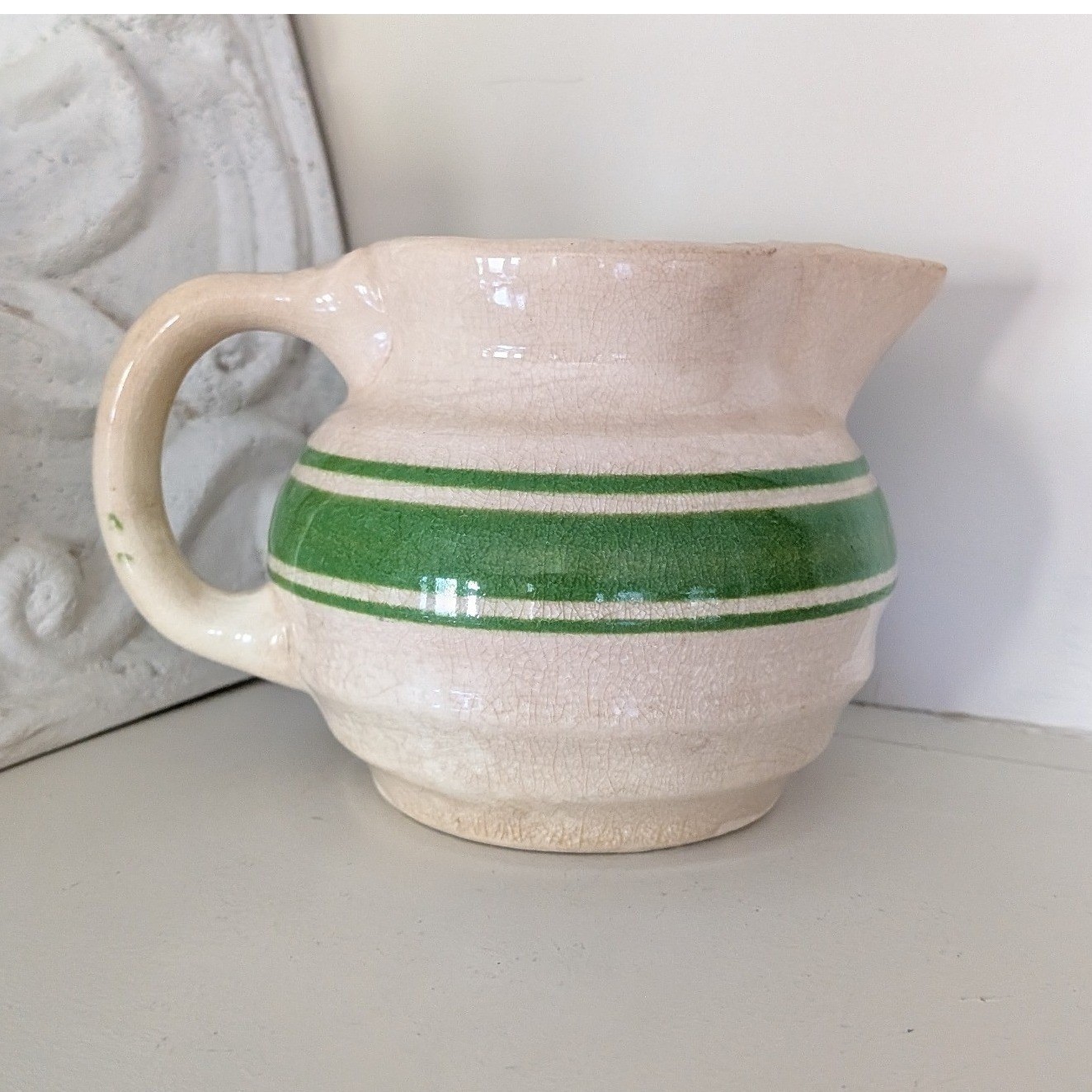 Hull Beehive Green Stripe Yellowware Small Pitcher, 3.75