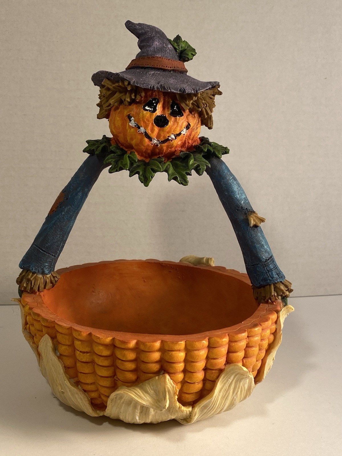 Fall/ Halloween candy bowl corn cob with a smiling pumpkin scarecrow head Vtg90s