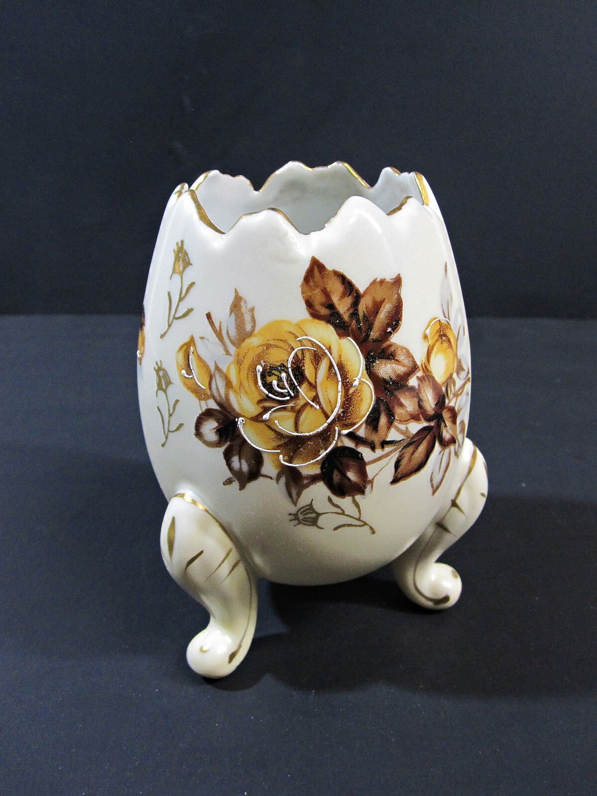 Vintage Napcoware Footed Cracked Egg Vase Planter Yellow Roses Brown Leaves 5