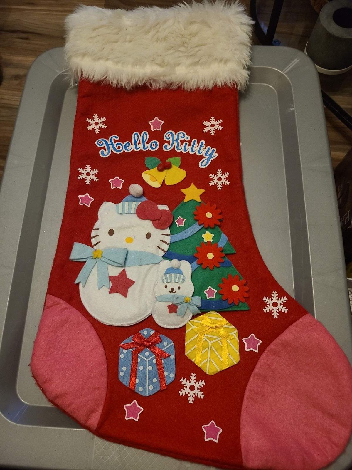 Vintage Hello Kitty Christmas Stocking 2004 San Rio Snowman Theme With Pink Edge
