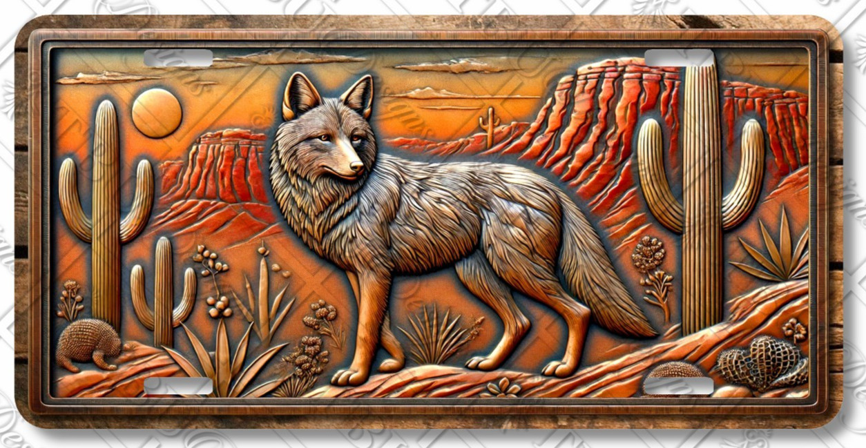 Coyote Desert Scene License Plate – Rustic Southwestern Car Tag – LP-WE007