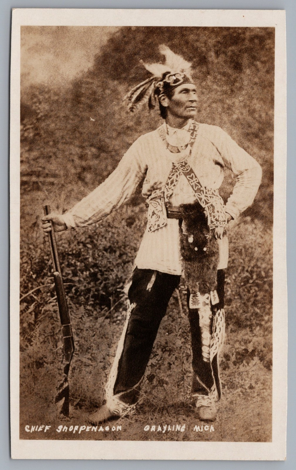 Chippewa Chief Shoppenagon With Rifle Grayling Michigan RPPC Postcard Chippewa Chief Shoppenagon With Rifle Grayling Michigan RPPC Postcard