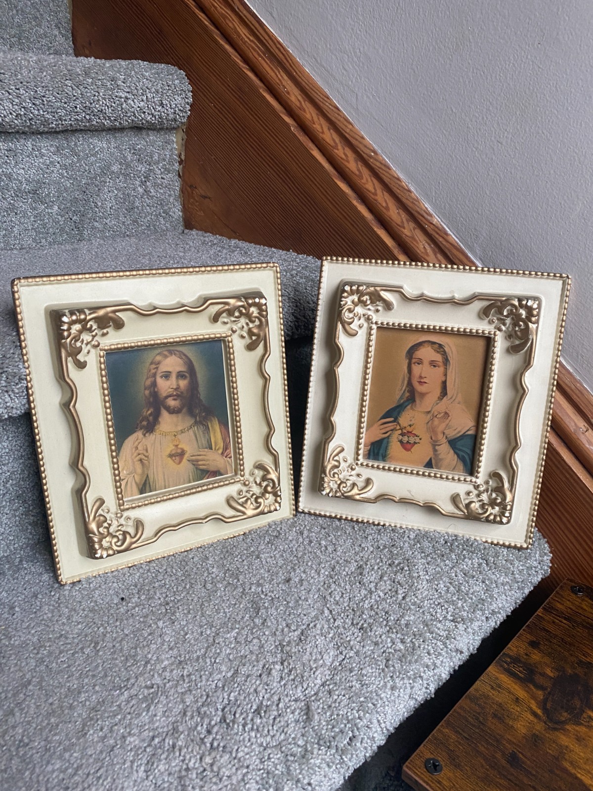 Vintage Catholic Sacred Heart Jesus Mary Framed Prints Wondura Gold Ornate Pair