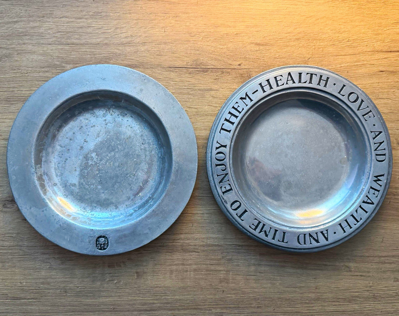 2 Vintage Wilton Columbia PA Metal Plates Health Love Wealth Motto 9 2 Vintage Wilton Columbia PA Metal Plates Health Love Wealth Motto 9