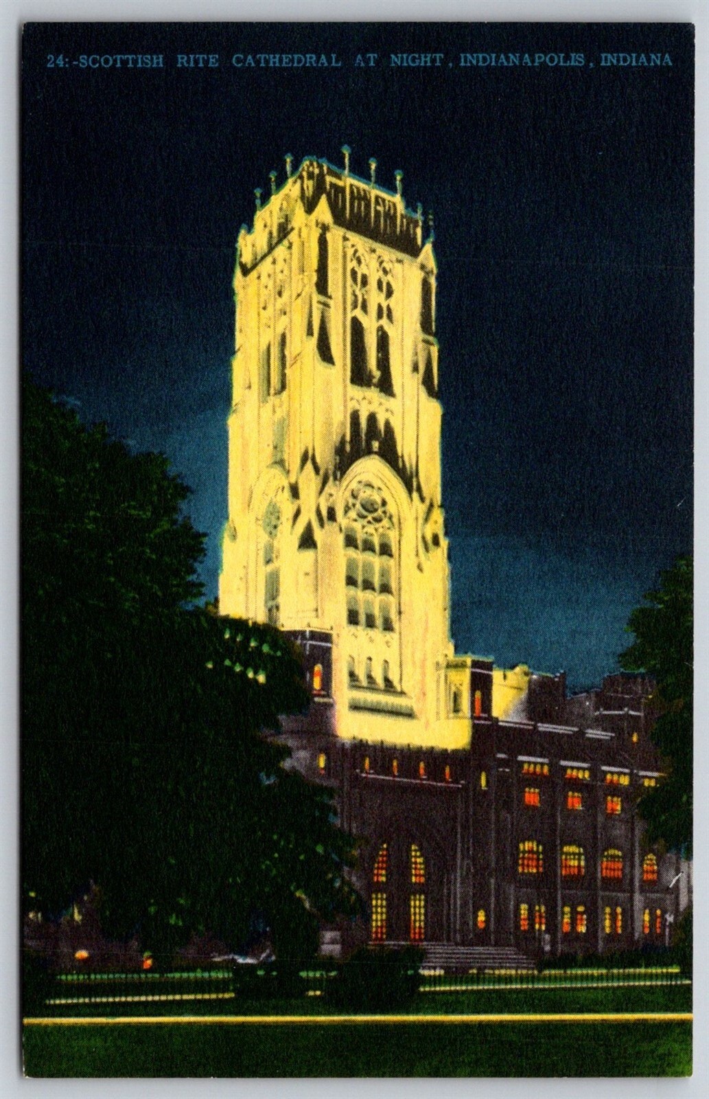 Indianapolis Indiana Linen Postcard Scottish Rite Cathedral At Night