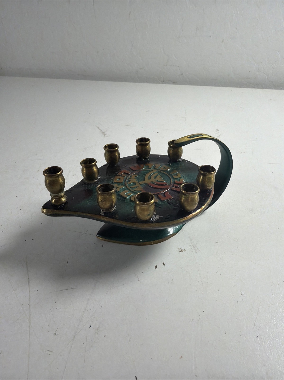 VTG Brass Dayagi Mosaic Menorah Aladdin Lamp 9 Candle Oppenheim Made In Isreal