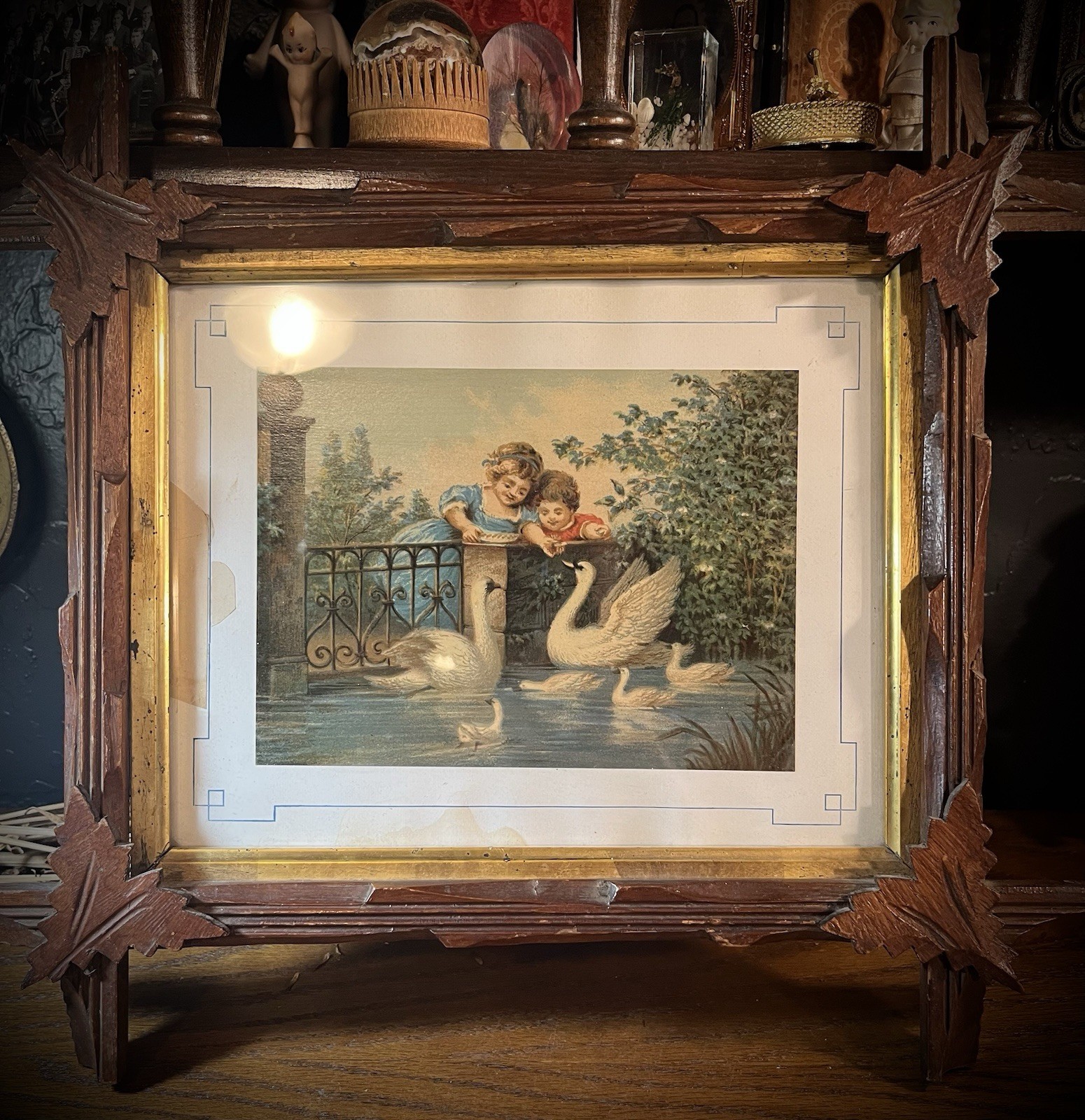 Antique Victorian Black Forest Wood Adirondack  Hanging Picture Frame With Art
