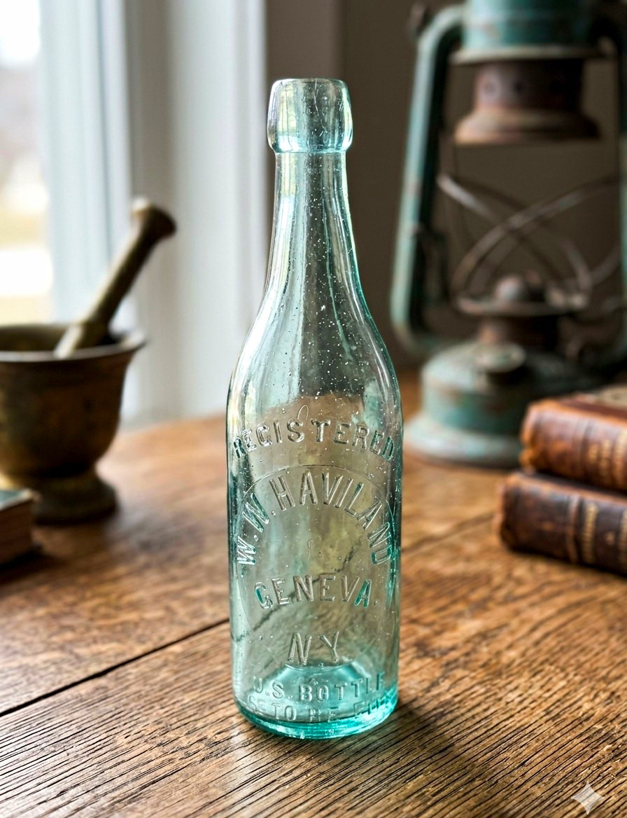 Antique W W Haviland Geneva NY Blob Top Bottle Uranium Vaseline Glass Glows 9.5