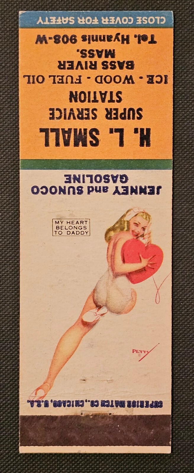 SEXIST VINTAGE Matchbook Cover HL SMALL Jenney Sunoco Heart Belongs To Daddy 56
