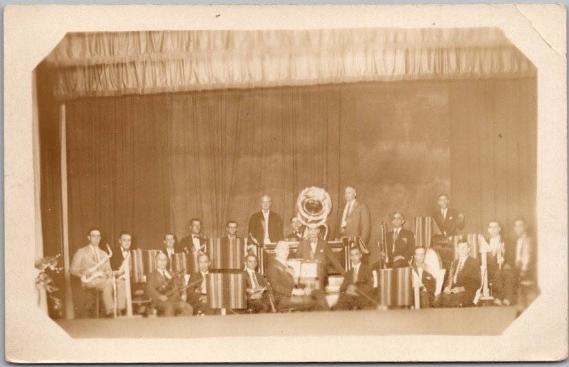 Vintage 1930s Real Photo RPPC Postcard BAND / Musicians on Stage / Unused