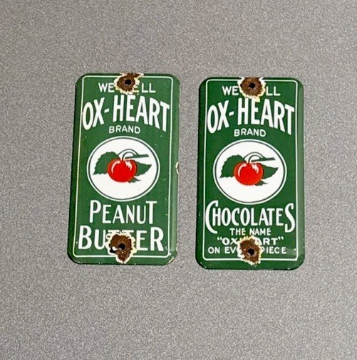VINTAGE OX-HEART DOOR PALM PUSH SET PORCELAIN SIGN CAR GAS TRUCK OIL MOTORCYCLE