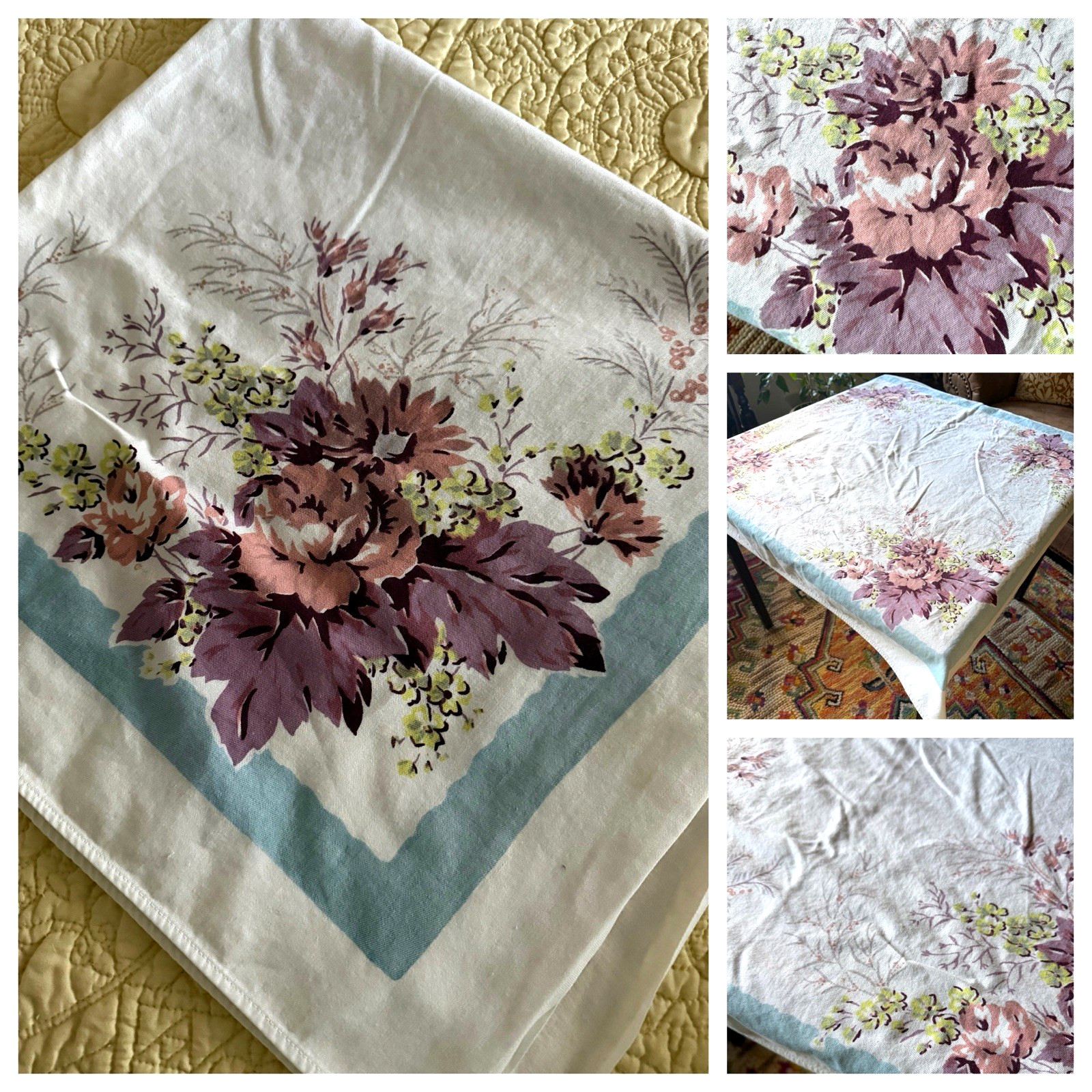 VINTAGE LAVENDER FLORAL W/ BLUE  COTTON TABLECLOTH SMALLER SIZE - 36\