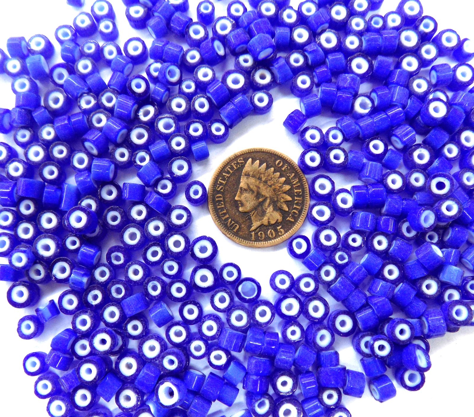 WHOLESALE 1/4 Pound Blue 3mm White Heart African Trade Beads 677 - 3 WHOLESALE 1/4 Pound Blue 3mm White Heart African Trade Beads 677 - 3