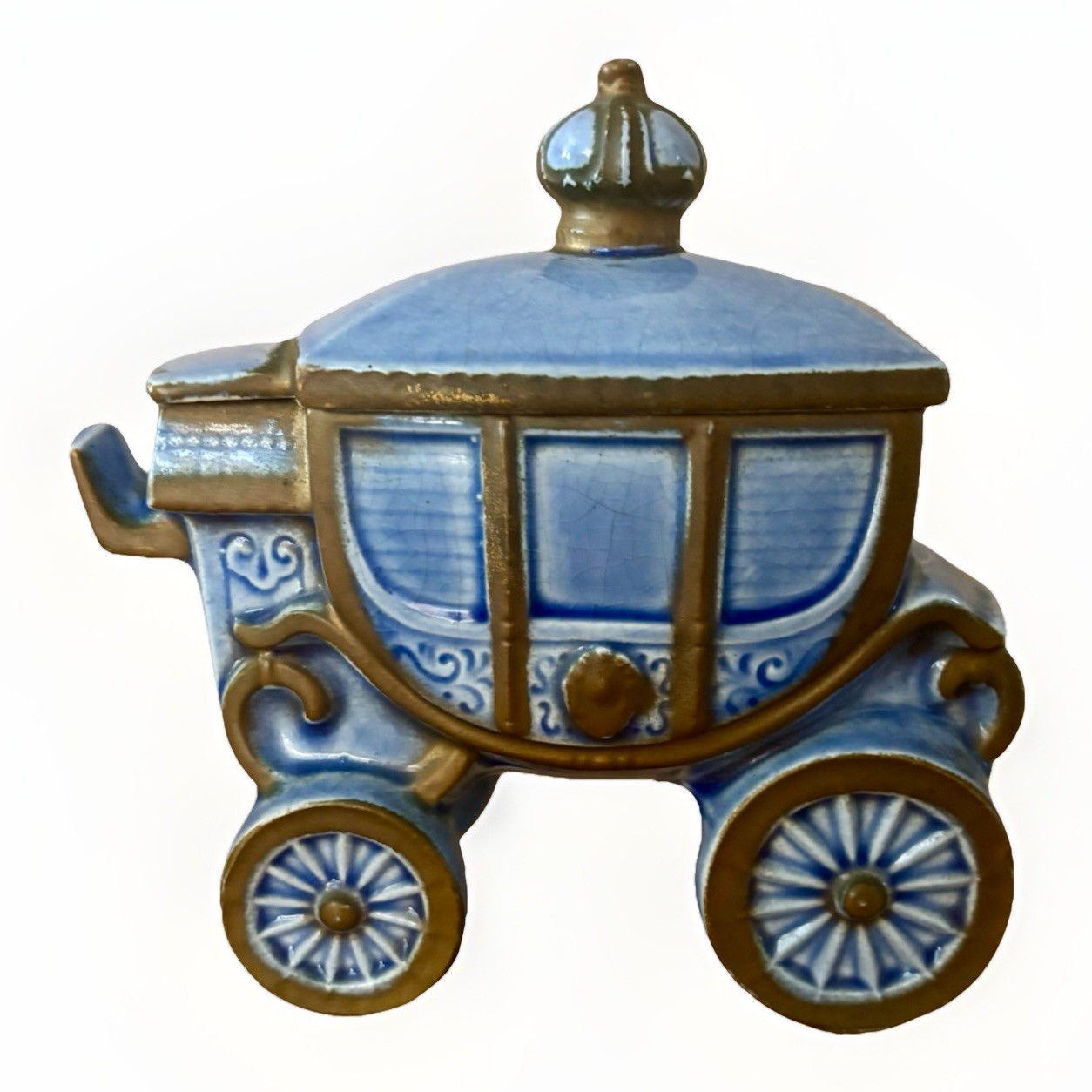 Vintage Erphila Fayence Germany Blue and Gold Princess Carriage Ceramic