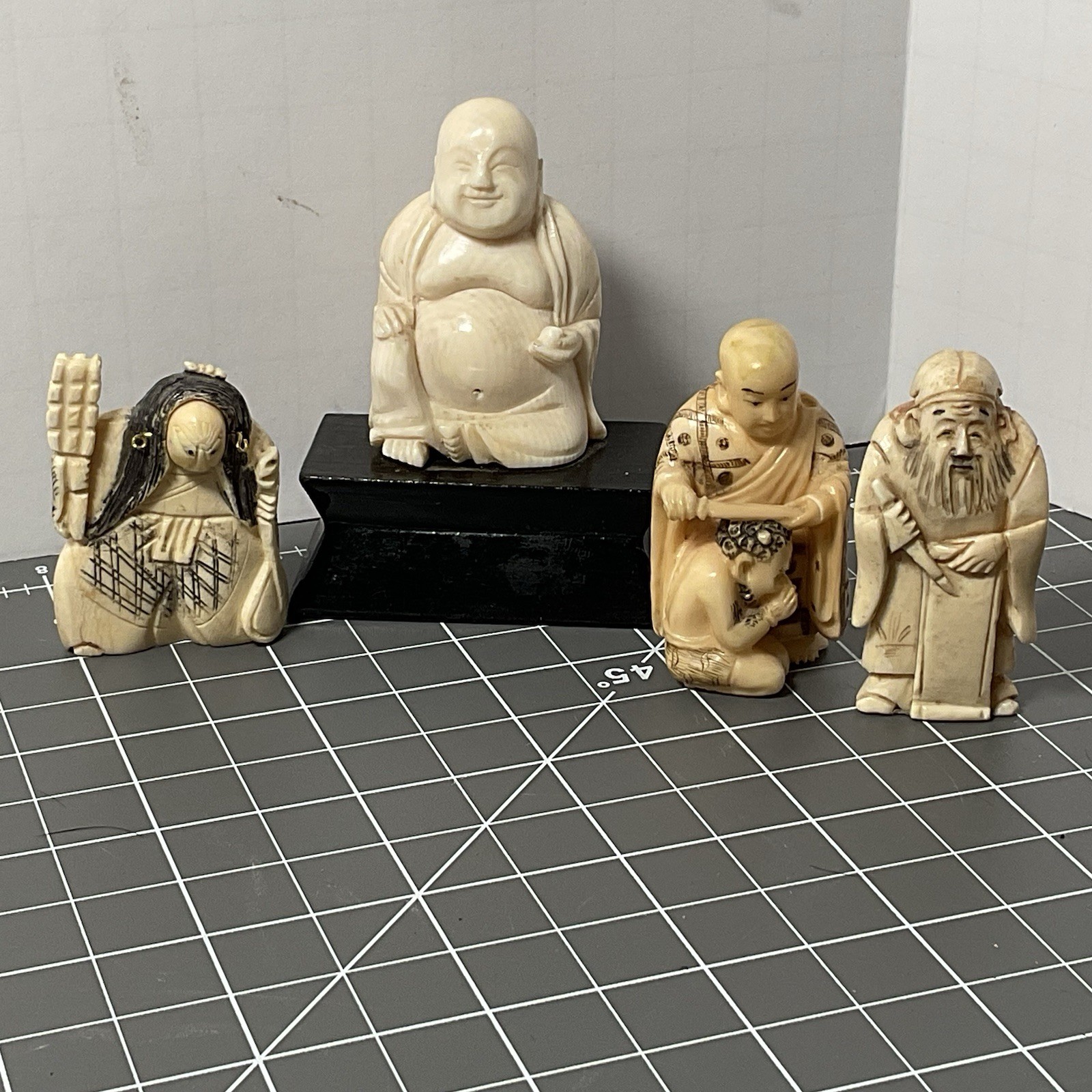 Vintage Asian Faux Bone Figurine Lot 4 Rotating Face Netsuke Okimono Signed