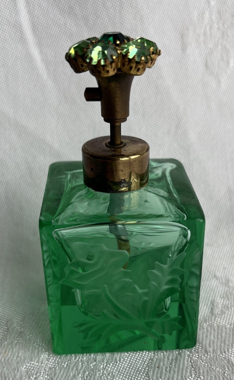 Antique Czech Bohemian Art Glass Perfume Atomizer Uranium Jeweled Flower Top