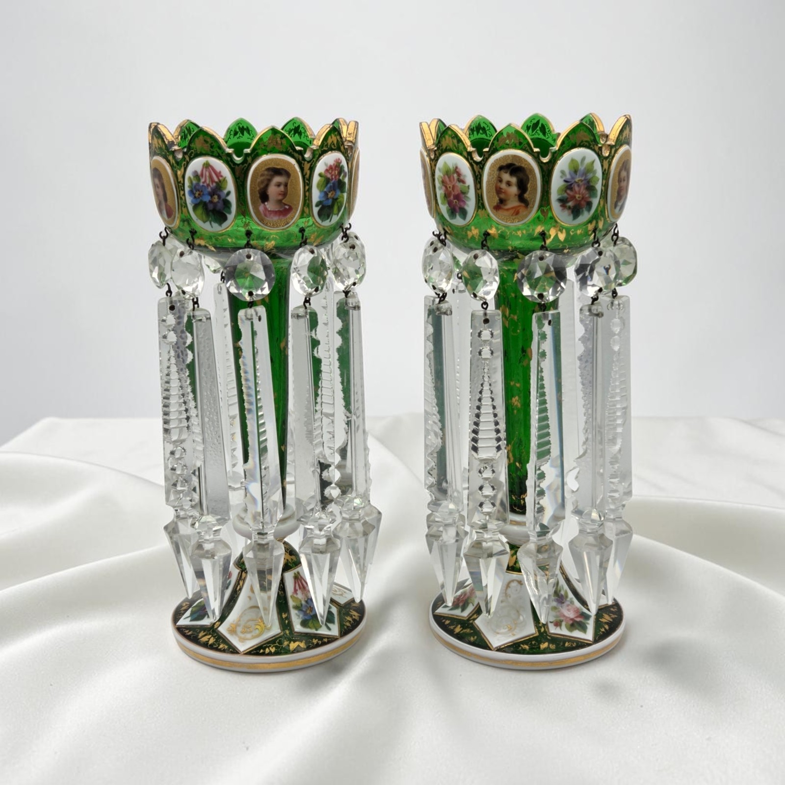 2 Antique 1800's Bohemian Moser Emerald Green Enameled & Gold Gilt Glass Lustres