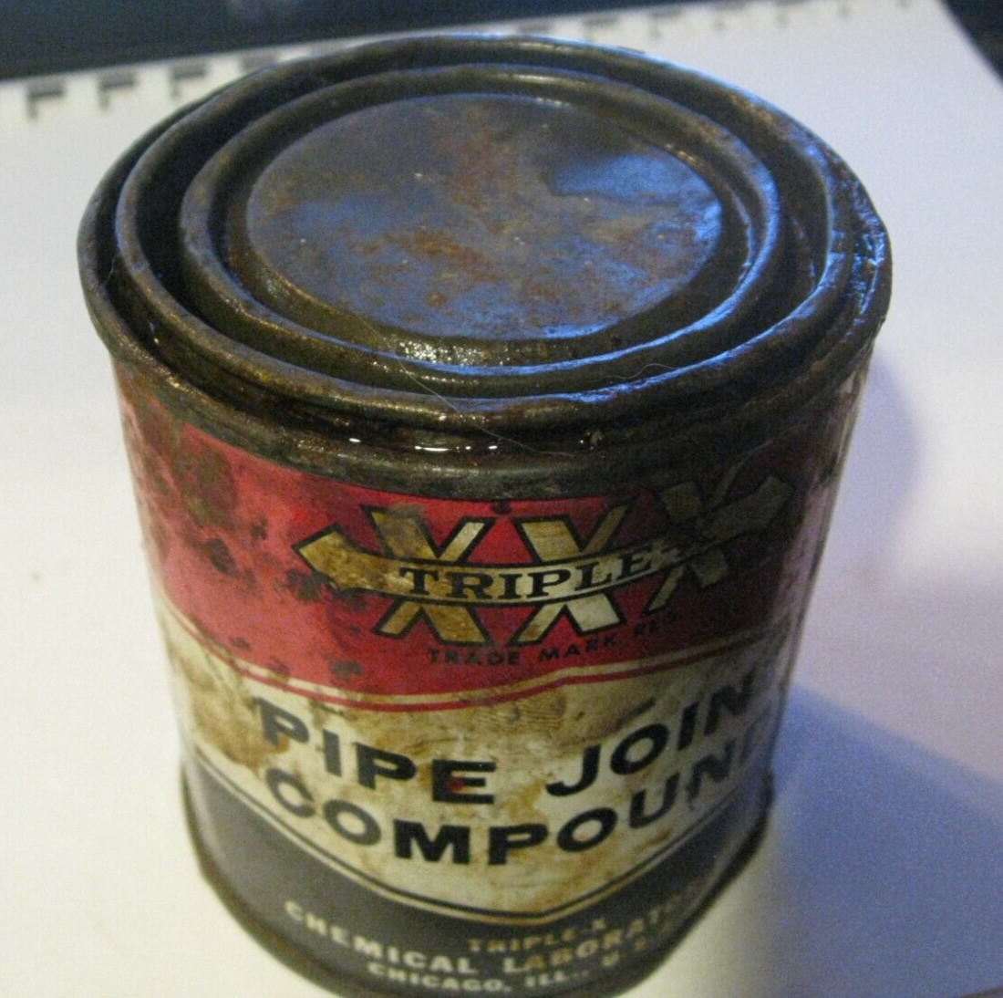 Vintage TRIPLE-X Chemical laboratories xxx tin can Pipe Joint Compound 1/2 pint