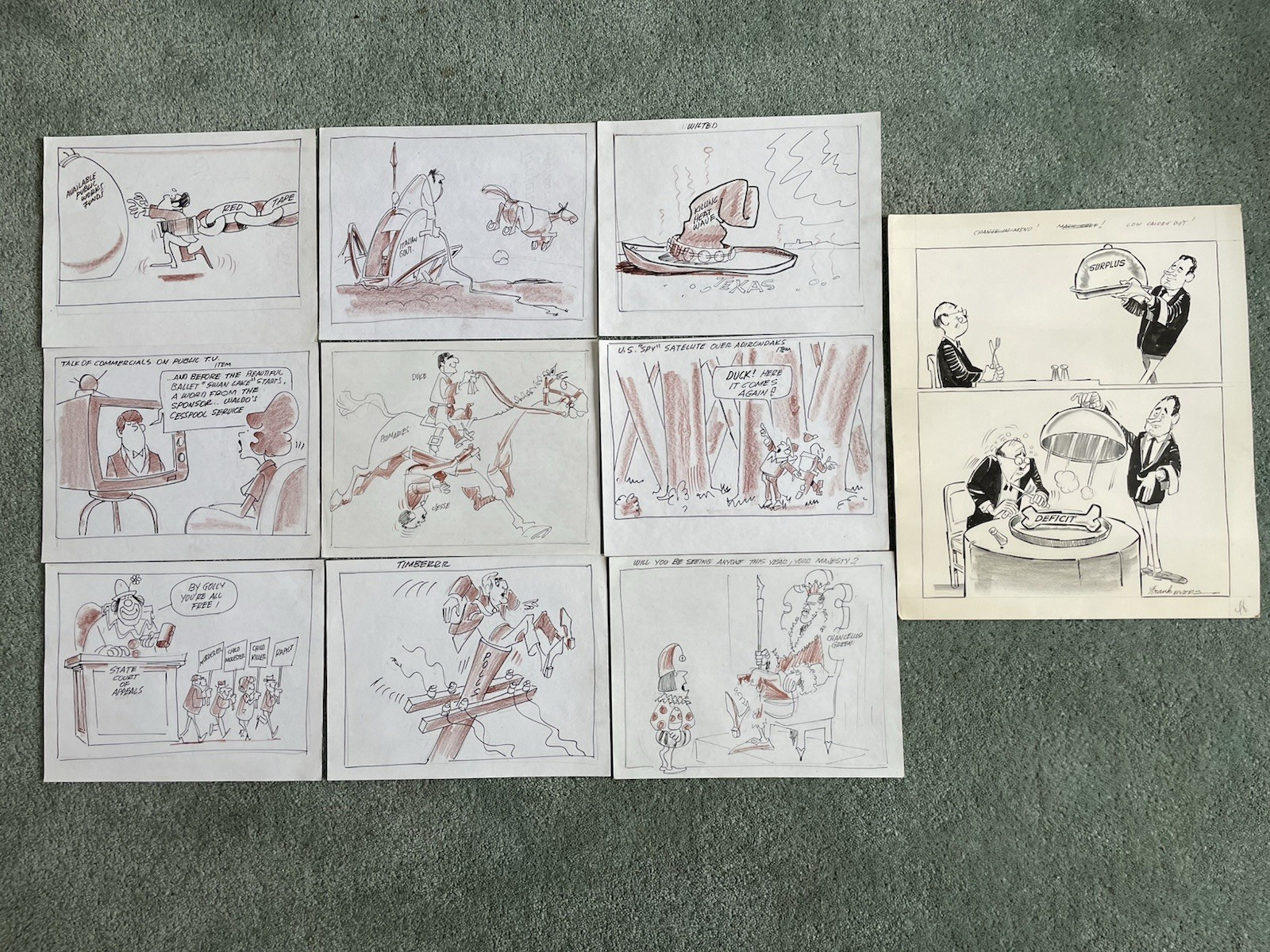 10 LOT ORIGINAL Frank Evers 1920-2002 Signed Political Cartoonist NY Daily News