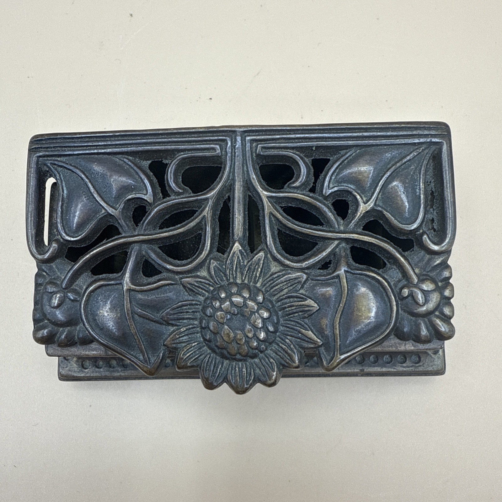 Antique Brass Hinged Stamp Box- Floral Lid ~3½\