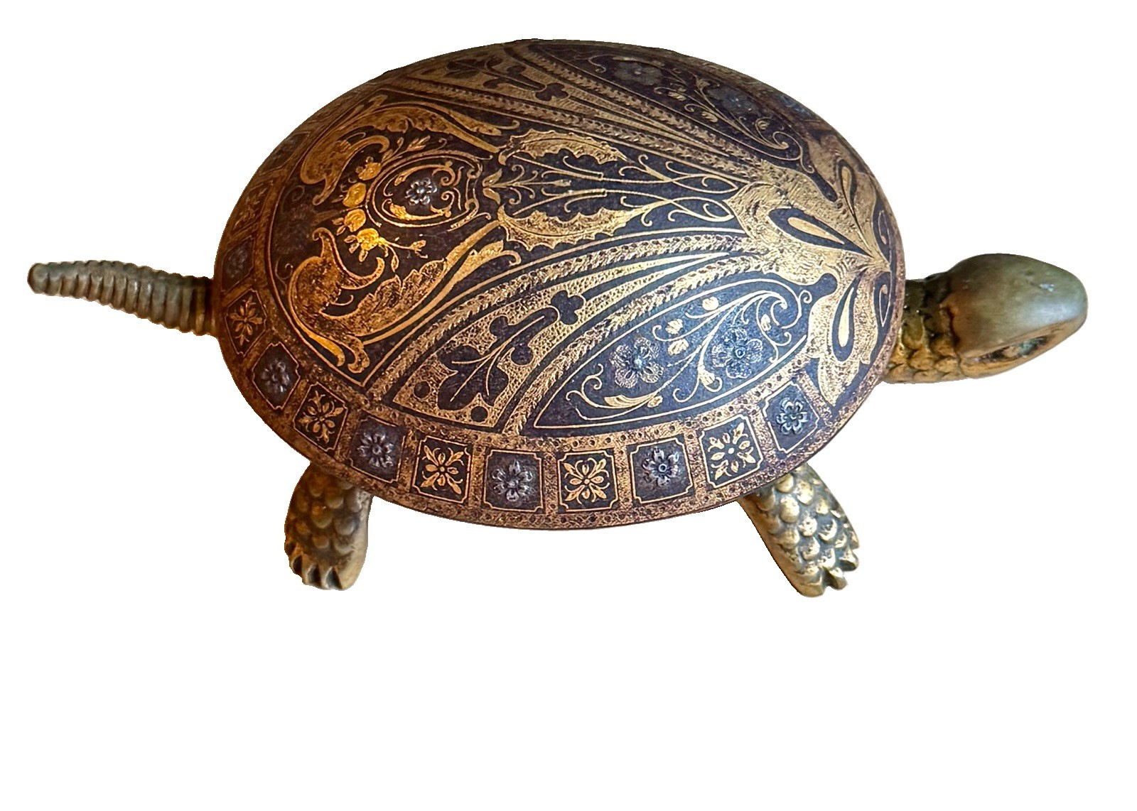 Antique BOJ Eibar Spain Damascene Mechanical Turtle Desk Bell Pat 19536 30366