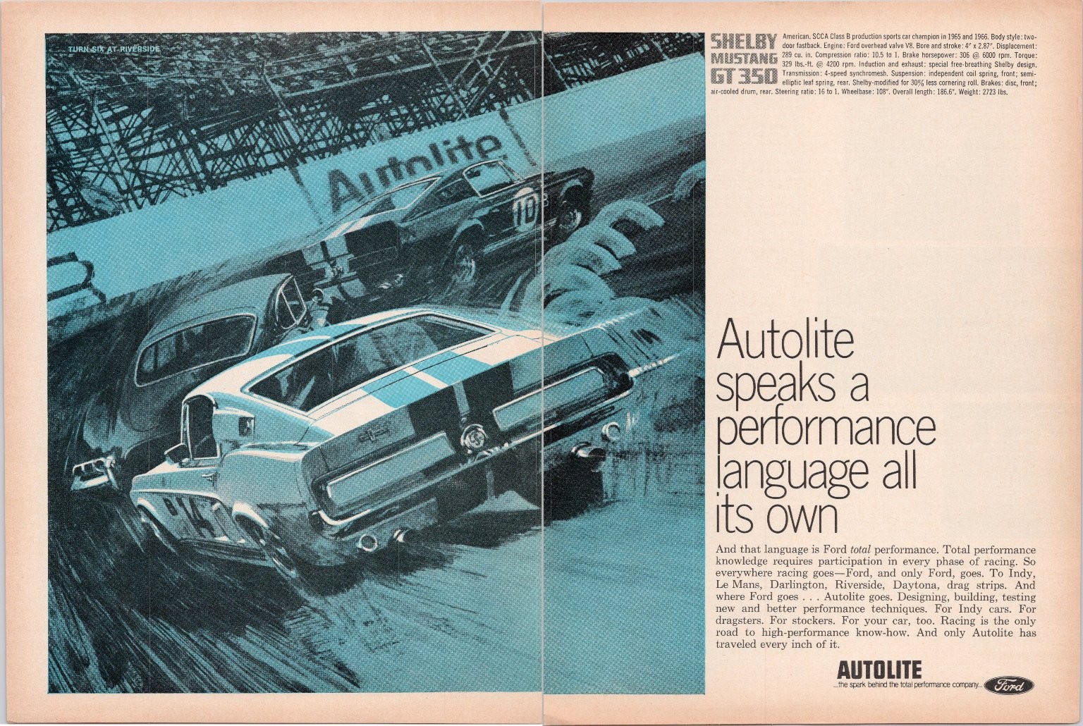 Autolite Shelby Mustang GT350 Vintage 1967 2pg Magazine Ad Ford Performance Teal